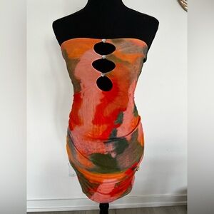 Strapless Tie-Dye Cutout Bodycon Dress - Orange Multicolor